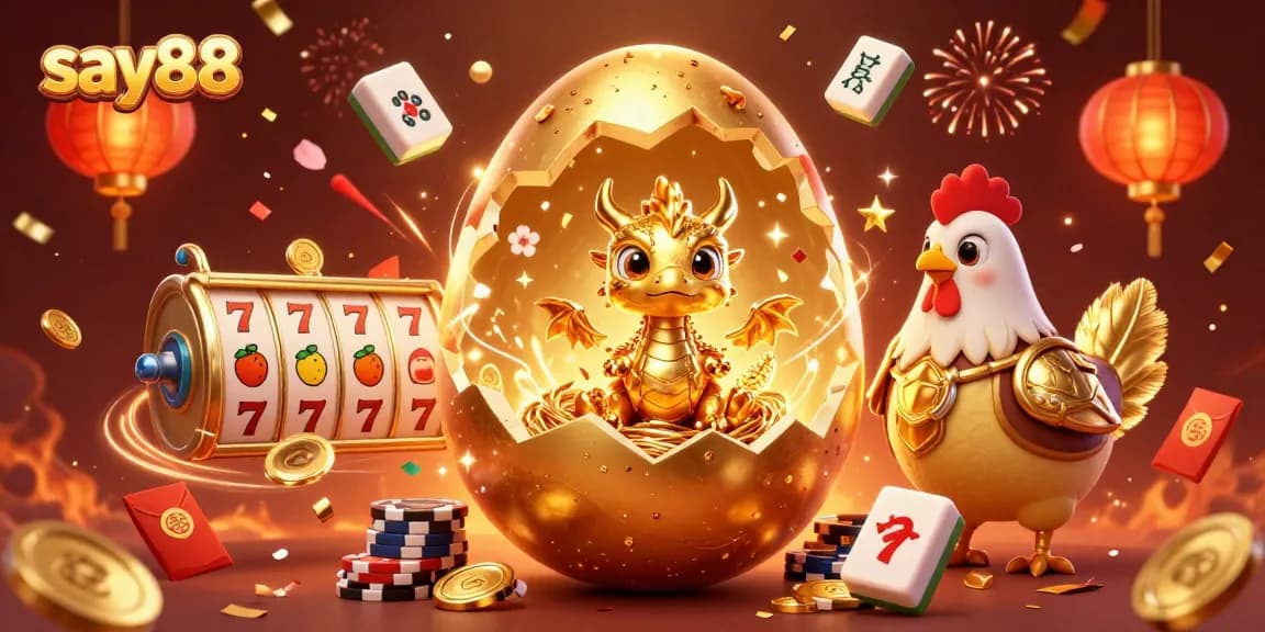 Experience the thrill at Say88 with a shining golden baby dragon in a vibrant casino illustration.