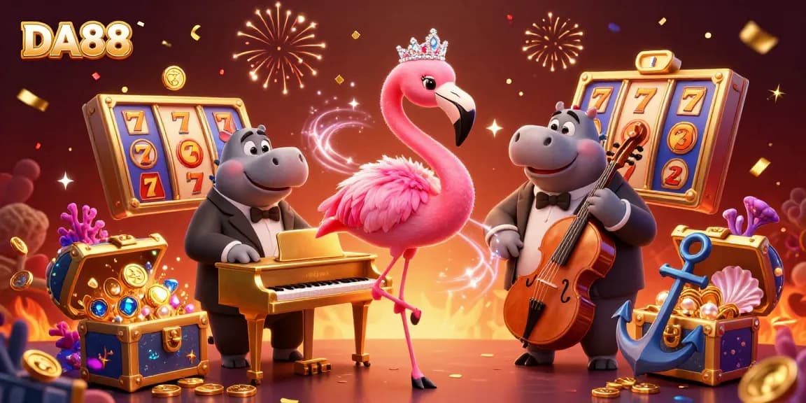 Join the fun at DA88 with a vibrant casino scene featuring a flamingo singer and hippo bassist.