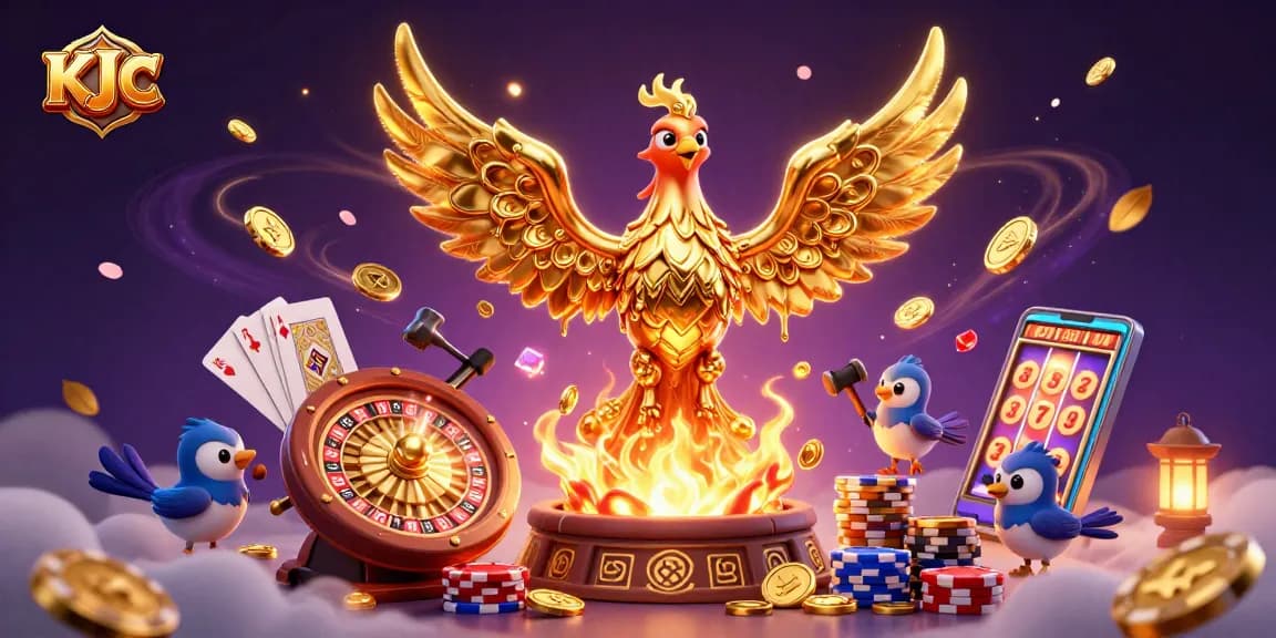 Engage with KJ C while a golden phoenix showers coins and gems in this lively casino scene.