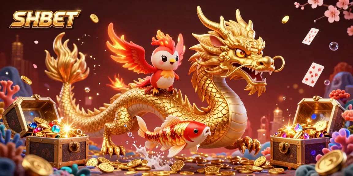 Win big with SHBET in an enchanting 3D casino scene featuring a golden dragon and phoenix.