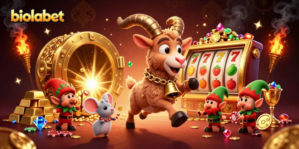 Menangkan hadiah besar dengan biolabet di kasino slot online, dikelilingi elemen permainan dan karakter menarik.
