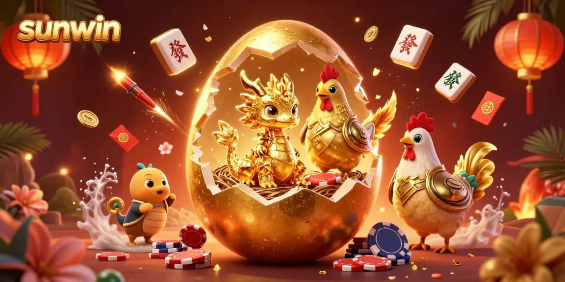 Experience the excitement of sunwin with a vibrant 3D illustration showcasing a golden dragon, poker chips, and festive elements.
