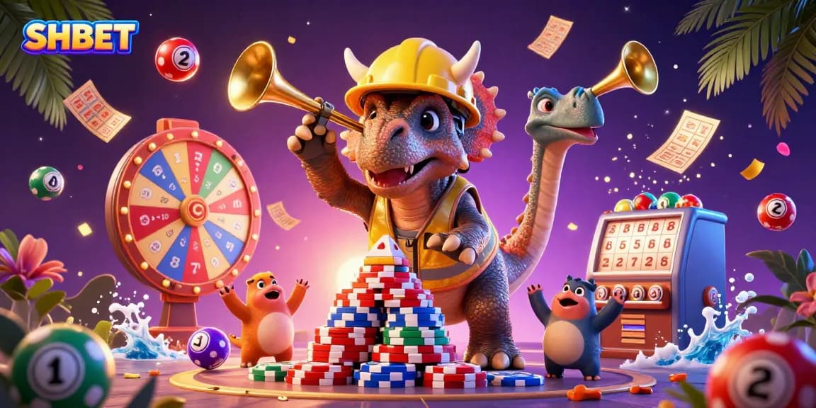 Engage with the SHBET excitement featuring a playful triceratops building poker chips amid lottery festivities.