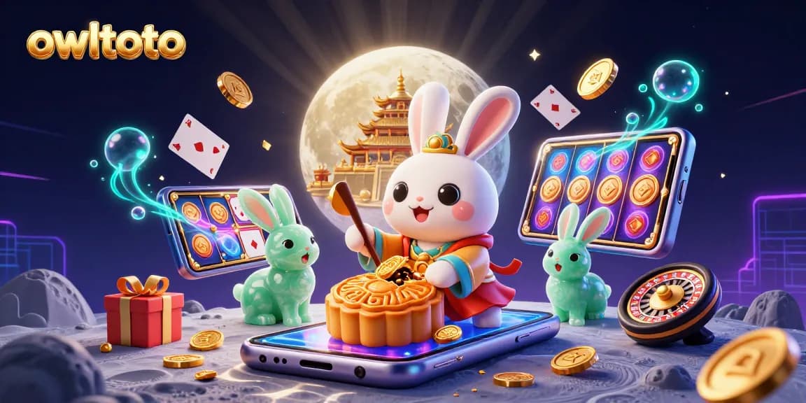 owltoto showcases a vibrant 3D scene depicting gambling excitement with a moon rabbit theme and casino elements.
