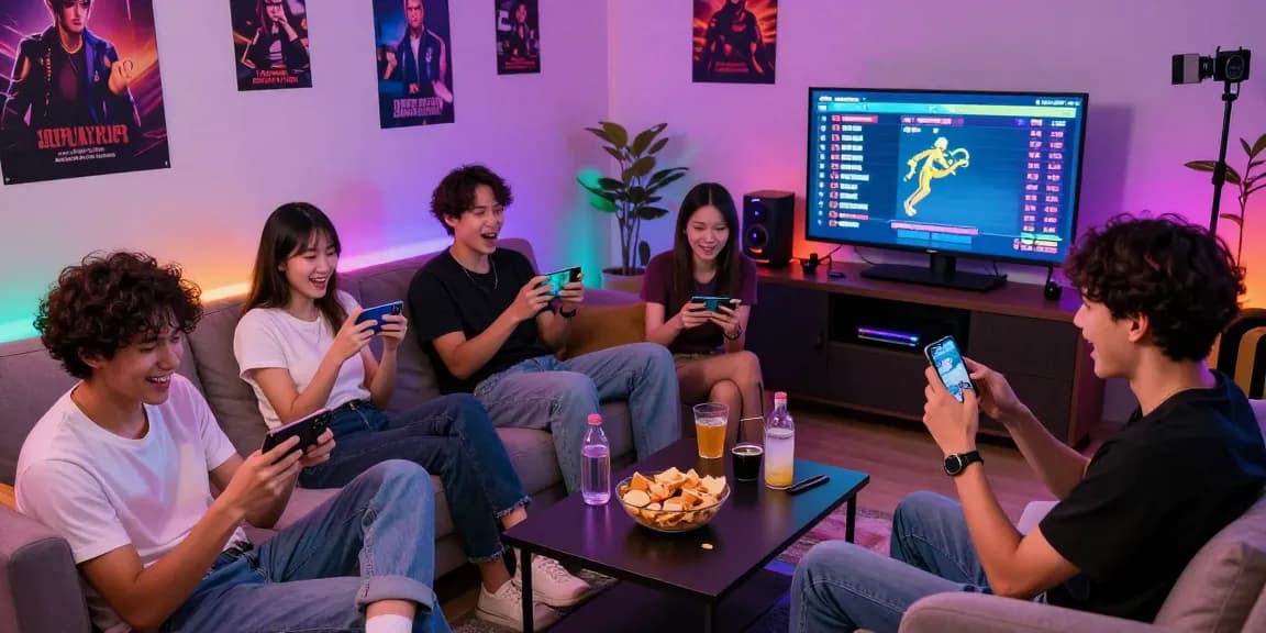 Young adults excitedly playing earning games on mobile devices in a cozy gaming room.