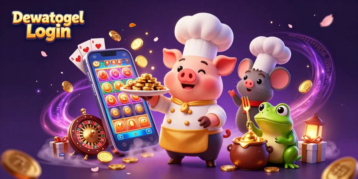 Spin and win with Dewatogel Login, as a chef pig serves gold coins amidst vibrant casino elements.