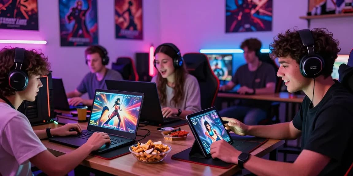 Group enjoying hentai games on devices in a colorful gaming scene.
