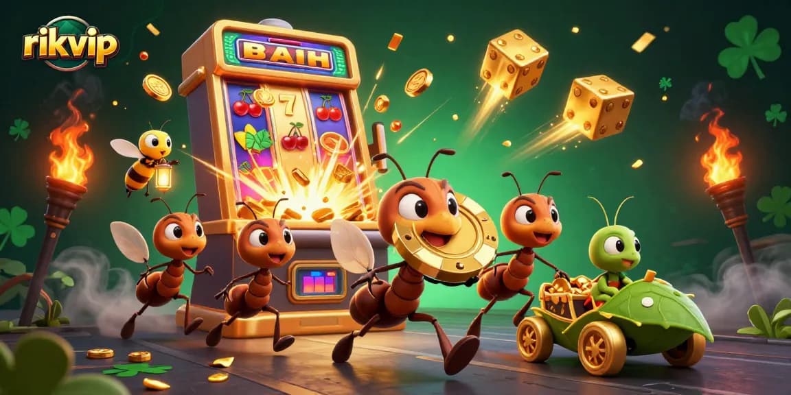 Experience exciting gaming at rikvip with a dynamic casino heist scene featuring playful ants and rich gaming elements.