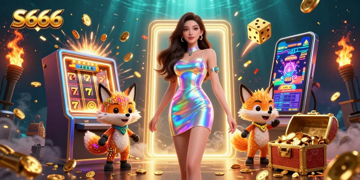 S666 delivers immersive gameplay as a vibrant woman and pixelated fox celebrate wins with slot machines and golden treasures.