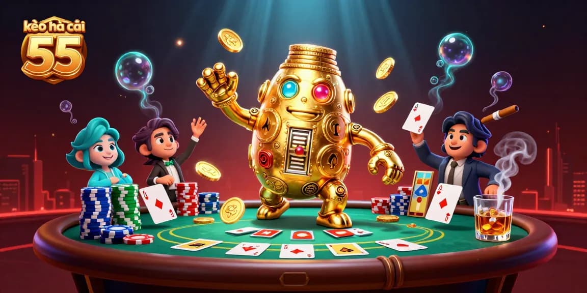Engage with kèo nhà cái 55's vibrant poker scene featuring an ancient golem among customized game elements.
