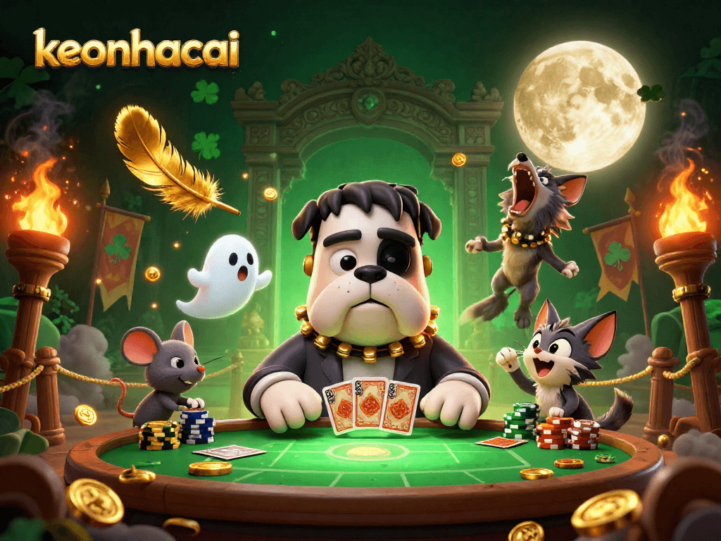 Experience the excitement of keonhacai as a Frankenstein bulldog deals cards at a hauntingly fun casino!