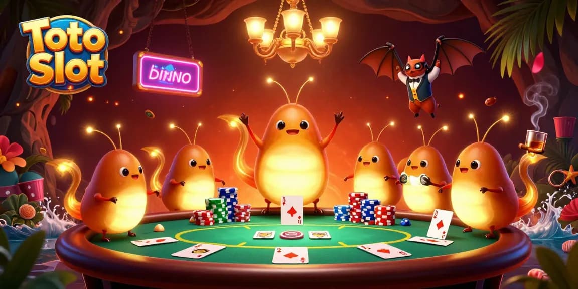 Experience Toto Slot excitement in a vibrant cave casino with glowing characters and dynamic gameplay.