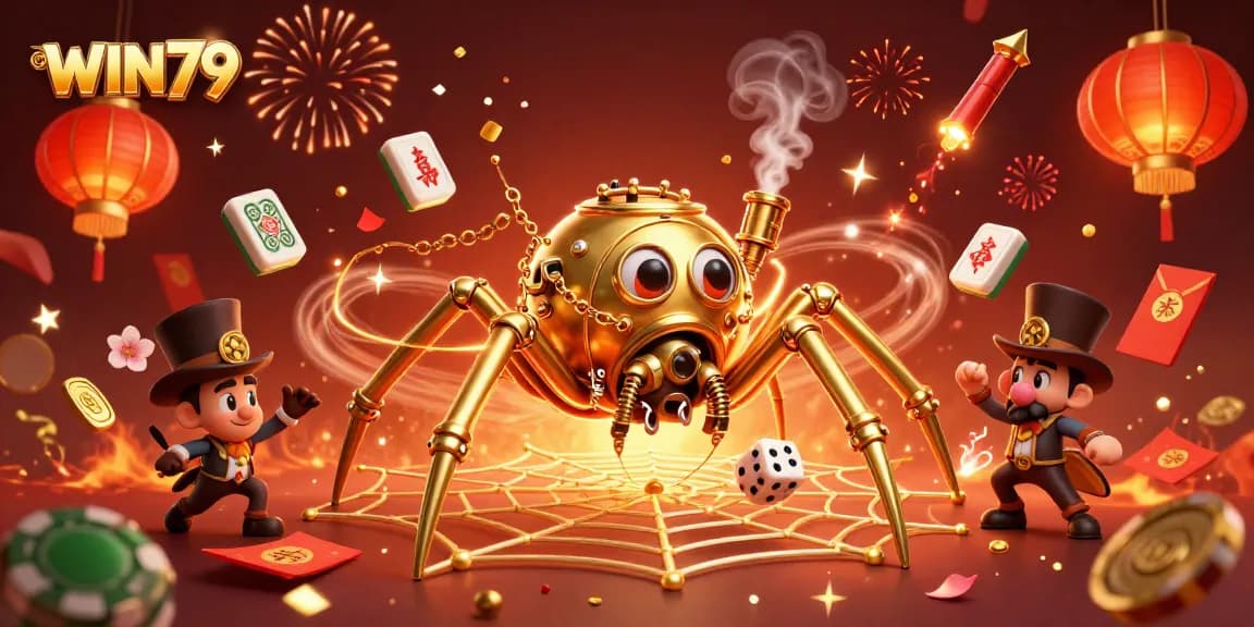 WIN79 captures attention with a dynamic illustration featuring a whimsical steampunk spider and gambling elements.