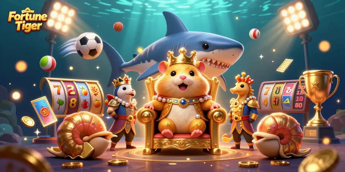Experience the excitement of Fortune Tiger with a vibrant 3D illustration of a golden hamster king amidst slot reels and dynamic sports elements.