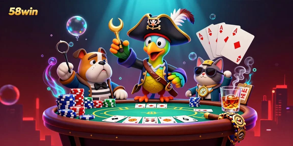 Join the thrilling game scene of 58win, featuring a colorful poker table surrounded by vibrant characters.