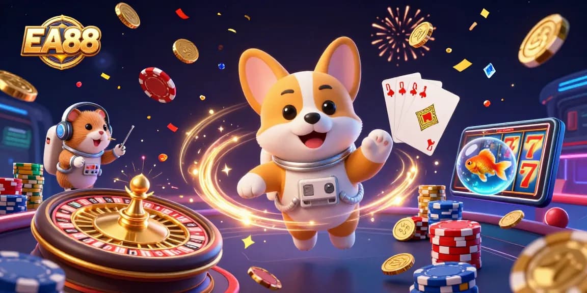 EA88 engages cosmic adventures in a vibrant casino scene with coins and spinning roulette.