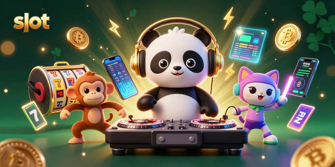 Bermain slot di Wih69 dengan DJ panda, monyet breakdance, dan kucing bersinar dalam suasana kasino yang meriah.
