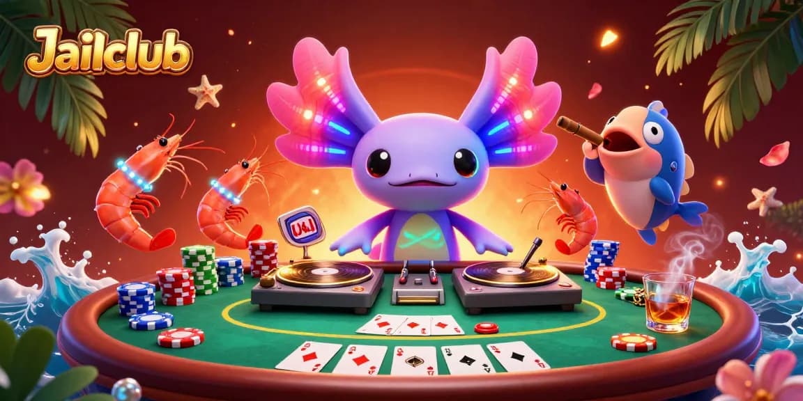 Experience thrilling gameplay at Jaiclub with dynamic casino action featuring a neon axolotl DJ among poker elements.