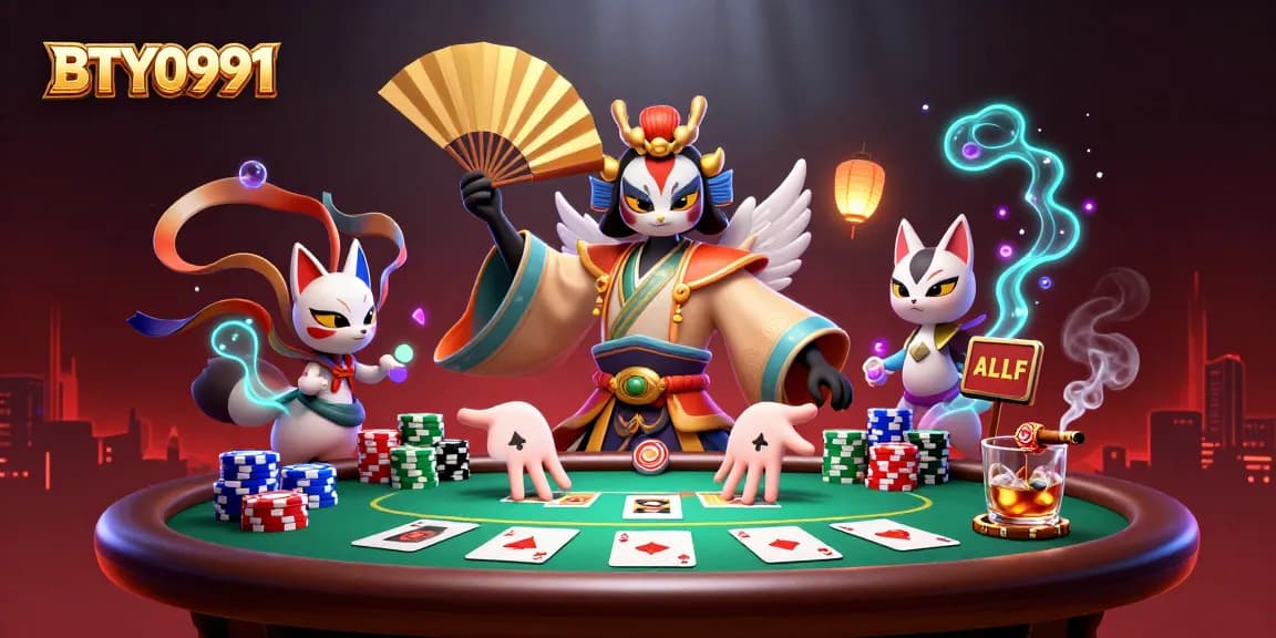 BTY0991 thrills with a dynamic poker scene featuring a kabuki warrior and stunning casino elements.