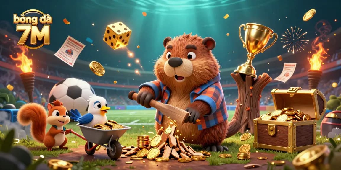 bóng đá 7M showcases exciting sports betting with dynamic characters collecting coins amidst vibrant betting activities.