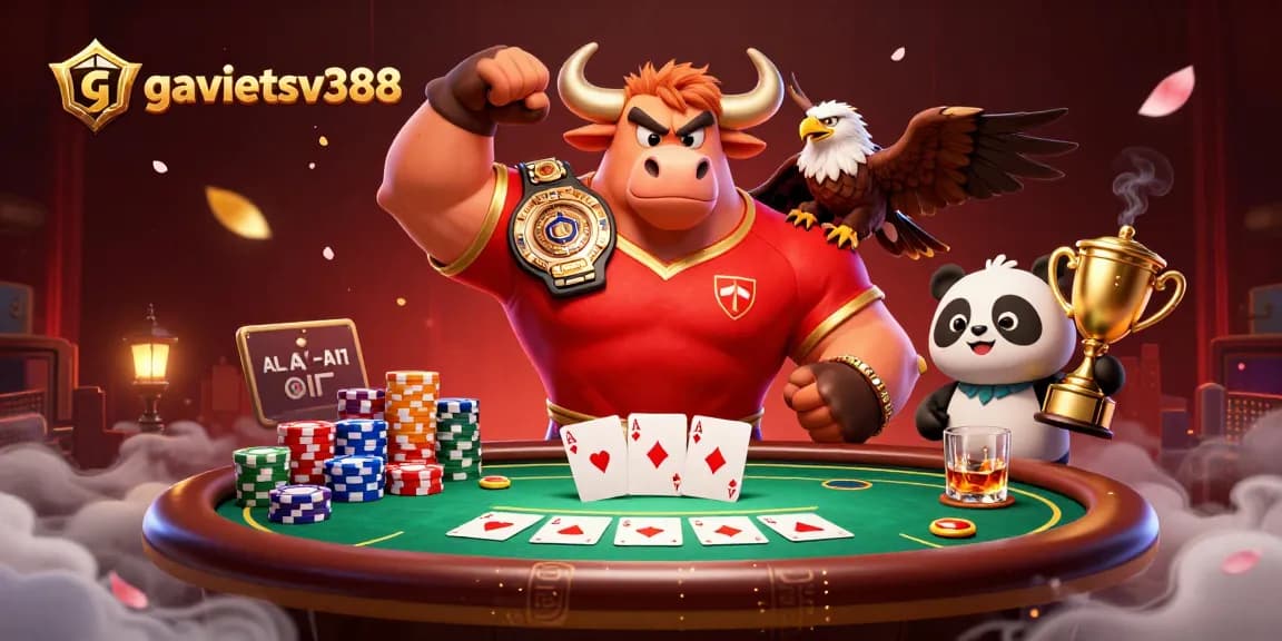 Gavietsv388 showcases a vibrant 3D illustration featuring dynamic characters celebrating victory in a vibrant casino setting.