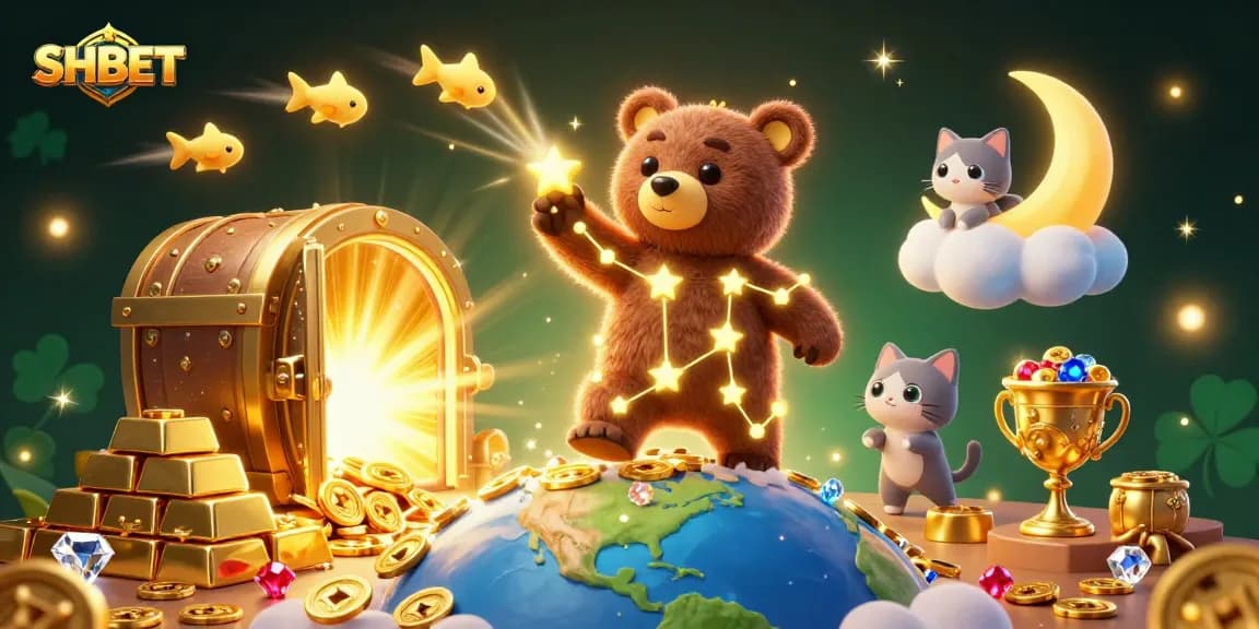 Reveal your luck with SHBET as a constellation bear scoops coins beneath an enchanting night sky scene.