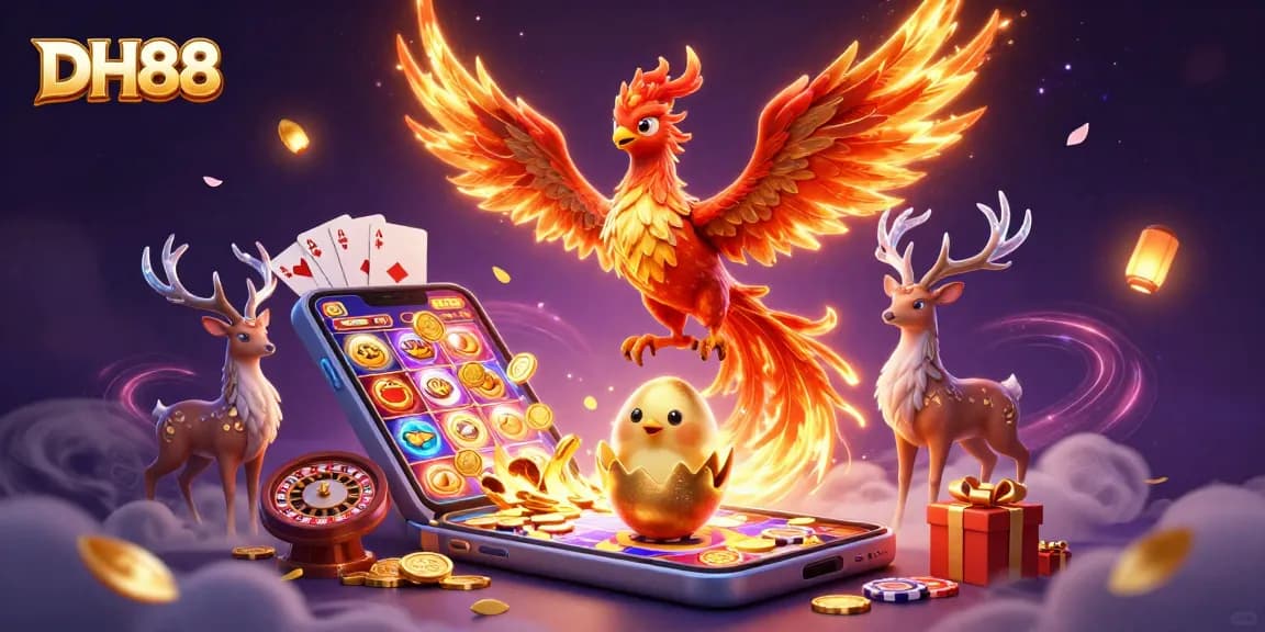 Dive into the excitement of DH88 with a fire phoenix and gaming elements celebrating online casino thrills.