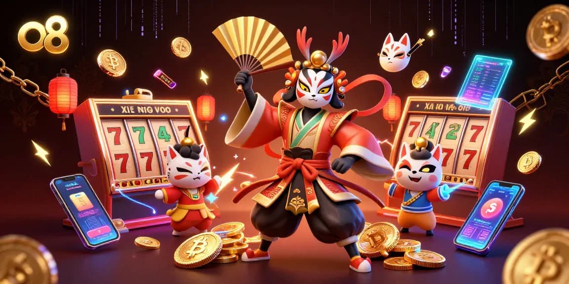 Experience thrilling action at o8 with a vibrant 3D casino scene showcasing slot games.