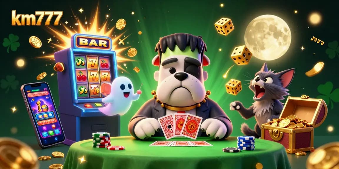 Engage in exciting casino action with km777's vibrant 3D scene featuring thrilling characters and vibrant symbols.