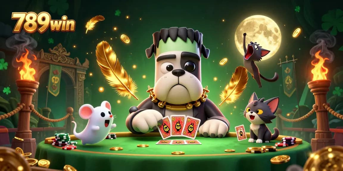 Engage with thrilling card play at 789win, featuring vibrant 3D cartoon characters in an exciting casino scene.