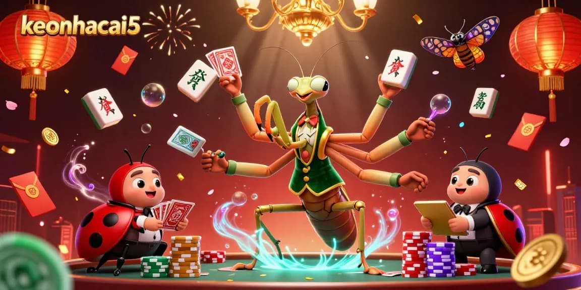 keonhacai5 showcases a vibrant scene with a 3D cartoon praying mantis card sharp, lively casino elements, and dynamic festive decorations.