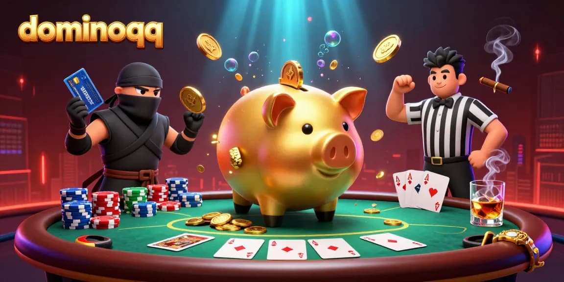 Dominoqq showcases a thrilling poker scene with animated characters engaging in a dynamic game.