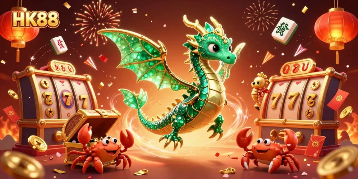Spin the reels of HK88 with dazzling dragons and luck symbols in a vibrant casino scene.