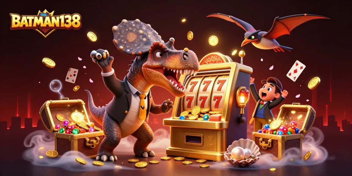 Experience jackpot thrills with BATMAN138 as characters interact with slot machines and flying coins in a vibrant casino scene.