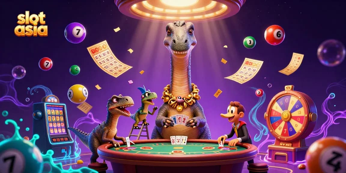 Permainan slot asia diilustrasikan dengan brontosaurus dan raptor di kasino.