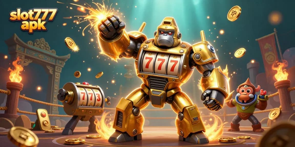 Play and win with slot777 apk in an exciting 3D casino-themed illustration featuring a golden mech gorilla.