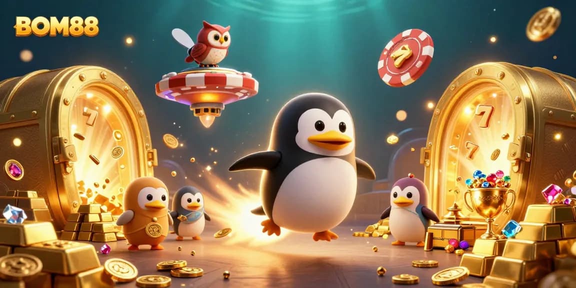 Experience thrilling gameplay with BOM88's dynamic action and enchanting treasures in a vibrant casino-themed scene.