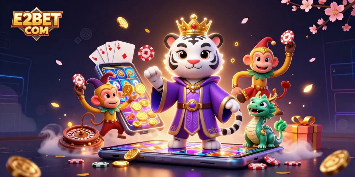 Experience thrilling gambling action at E2BET COM with a lively scene featuring a cartoon tiger, monkey, and jade dragon.