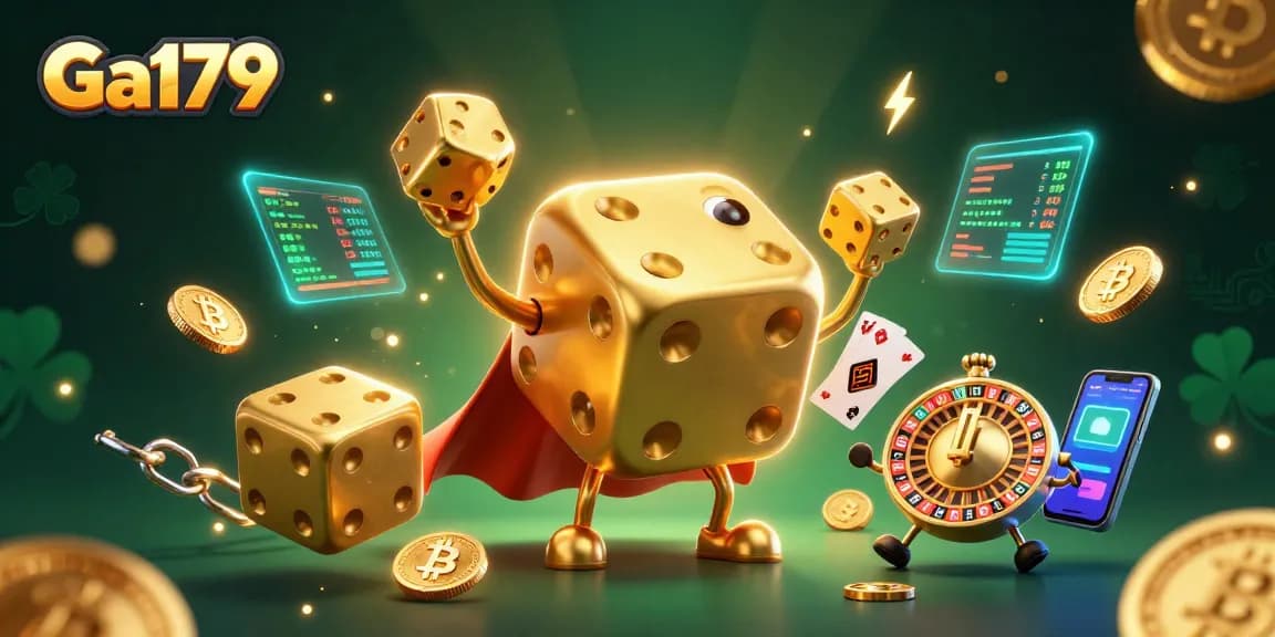 Action-packed illustration of Ga179 showcasing dynamic casino elements like dice and cryptocurrency.