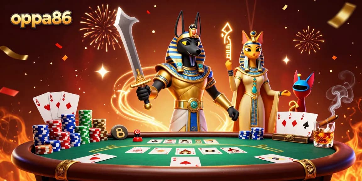 Experience the excitement of oppa86 with Anubis and Bastet at a vibrant poker table.