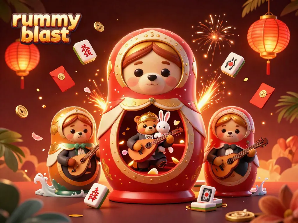 Experience rummy blast with 3D characters and vibrant casino elements in this dynamic illustration.