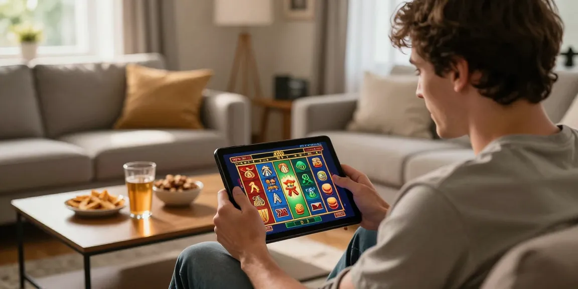 Engaging scene of a player testing ทดลอง เล่น สล็อต โร ม่า ฟรี on a tablet in a cozy living room.