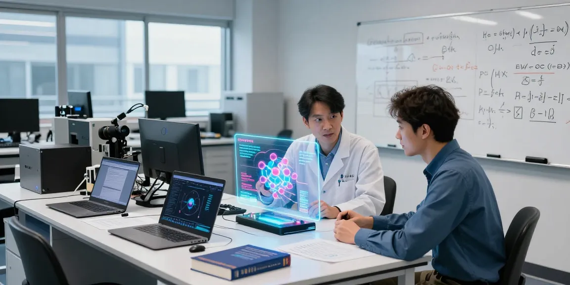 Research team exploring quantum computing concepts with holographic displays and laptops in a dynamic lab setting