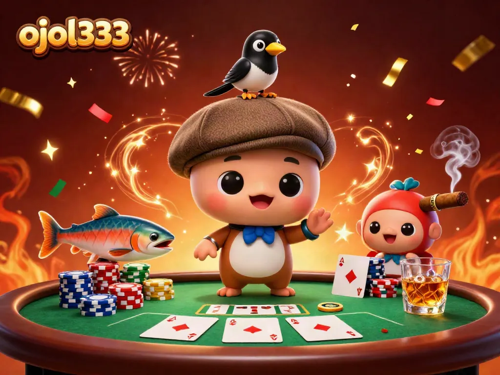 Experience ojol333 gameplay with a playful Nessie, magpie, and poker elements in this vibrant casino scene.