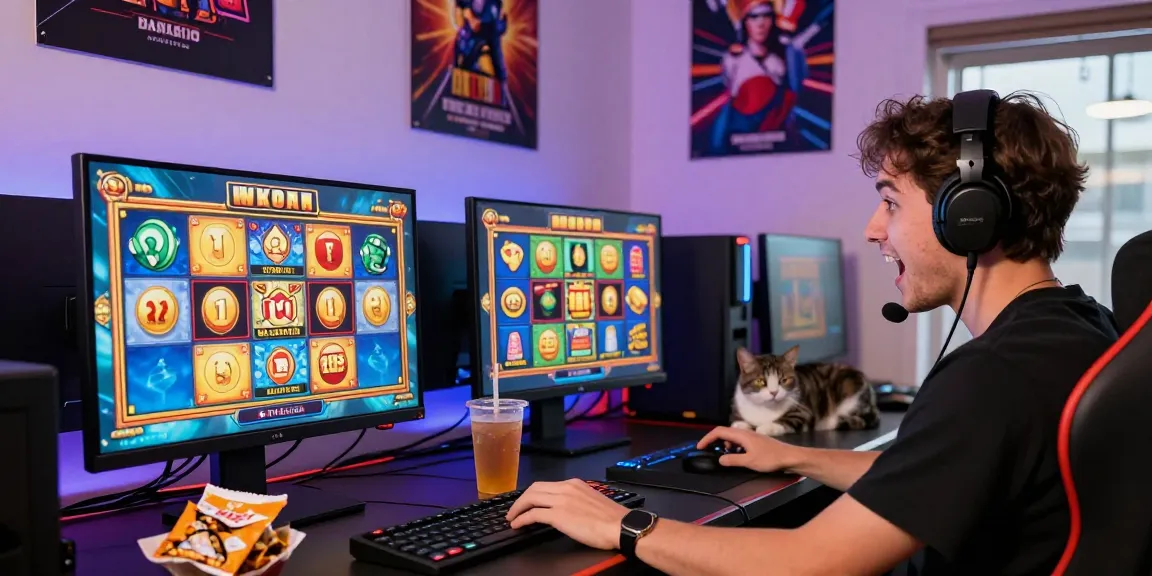 Pengguna slot online Dewa123 dengan jackpot besar di ruang permainan modern.