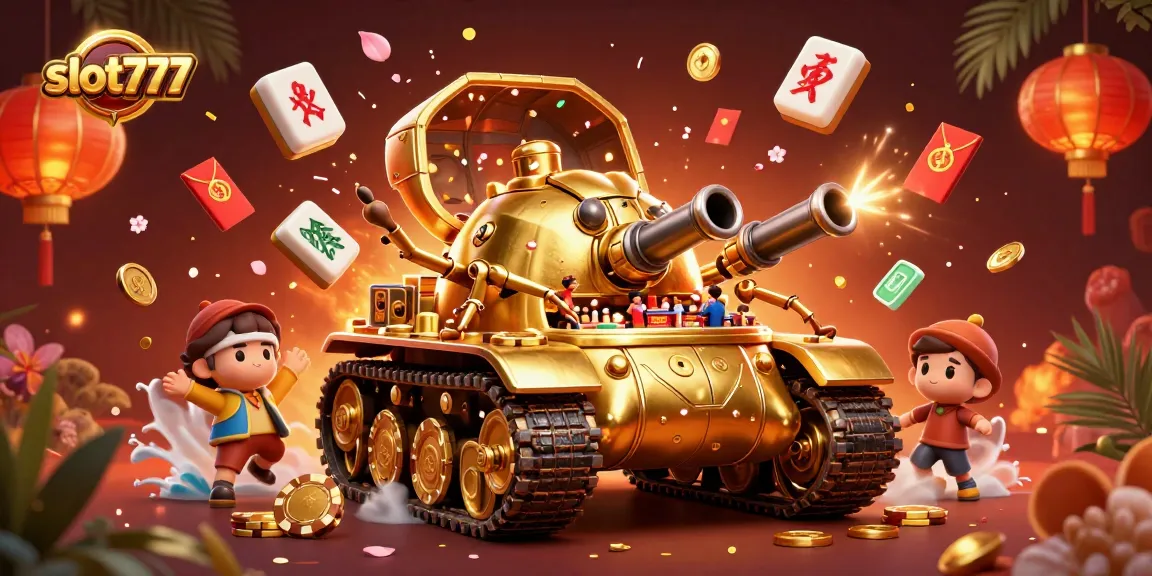 Enjoy engaging slot777 gameplay with a vibrant casino scene featuring golden beetle tank and lucky symbols.