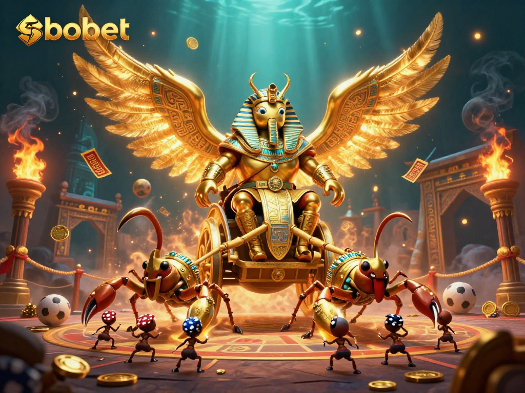 Experience sbobet sports betting with dynamic action scenes featuring golden elements and chariot characters.