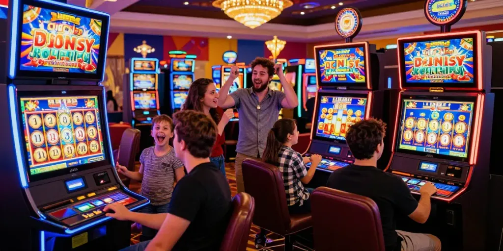 Excited players engaging with vibrant slot machines in a bustling casino.