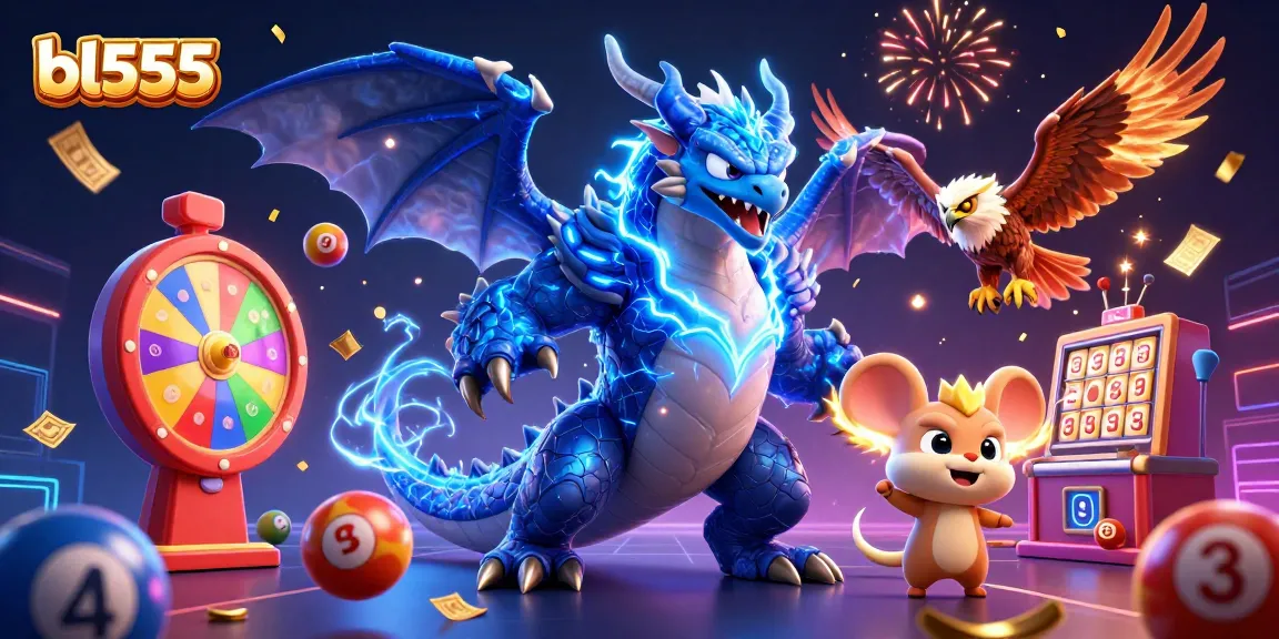 Experience thrilling wins at BL555, featuring vibrant lottery elements and dynamic characters.