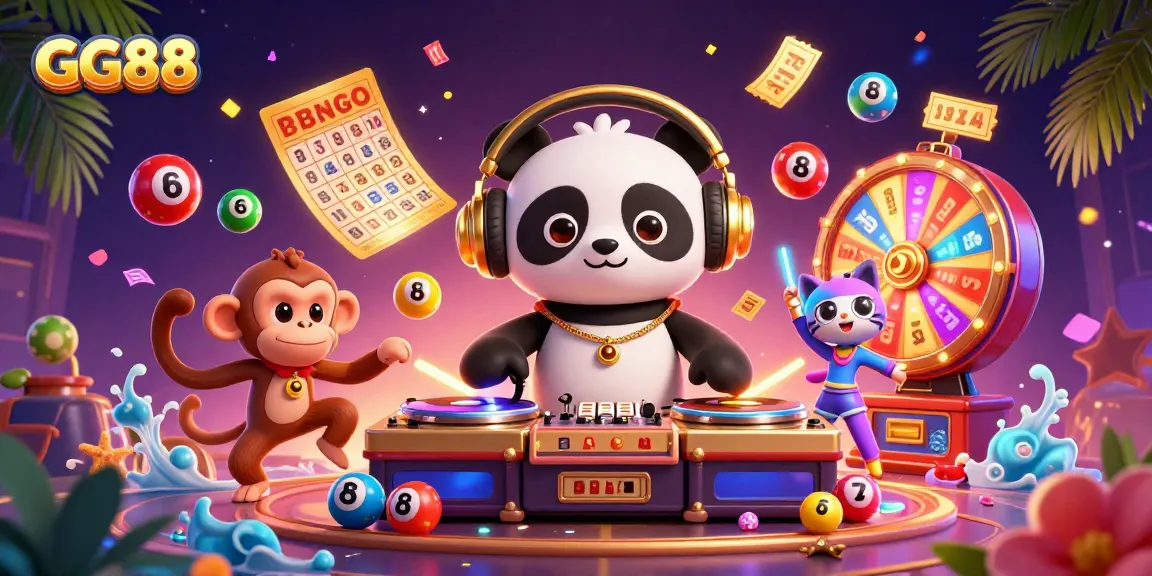 GG88 brings excitement to players with a 3D illustration of a DJ panda and vibrant casino elements.